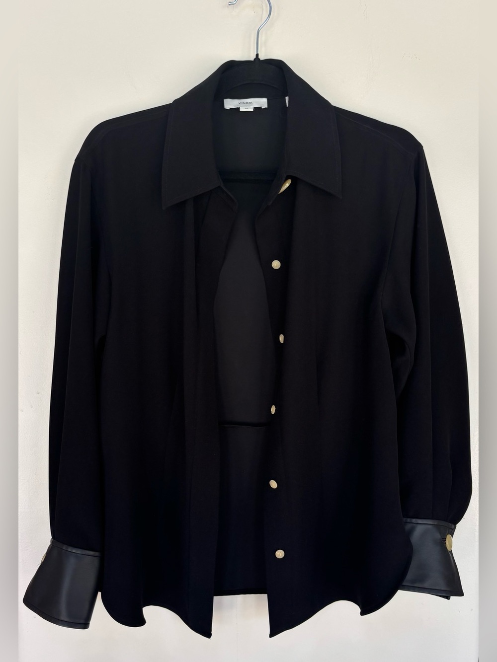 Vince Shaped Leather Accent Sleeve Button Down Woven Shirt